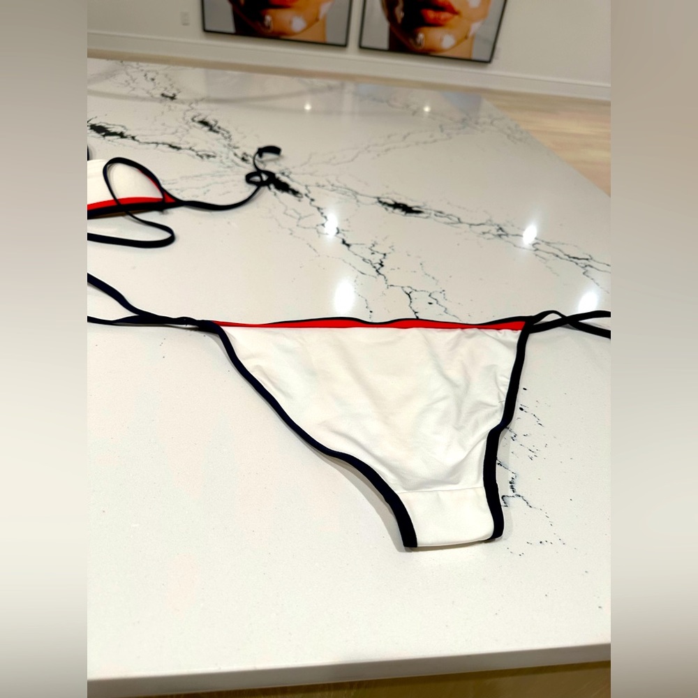 White String Bikini With Navy And Red Trim Nwot - image 2